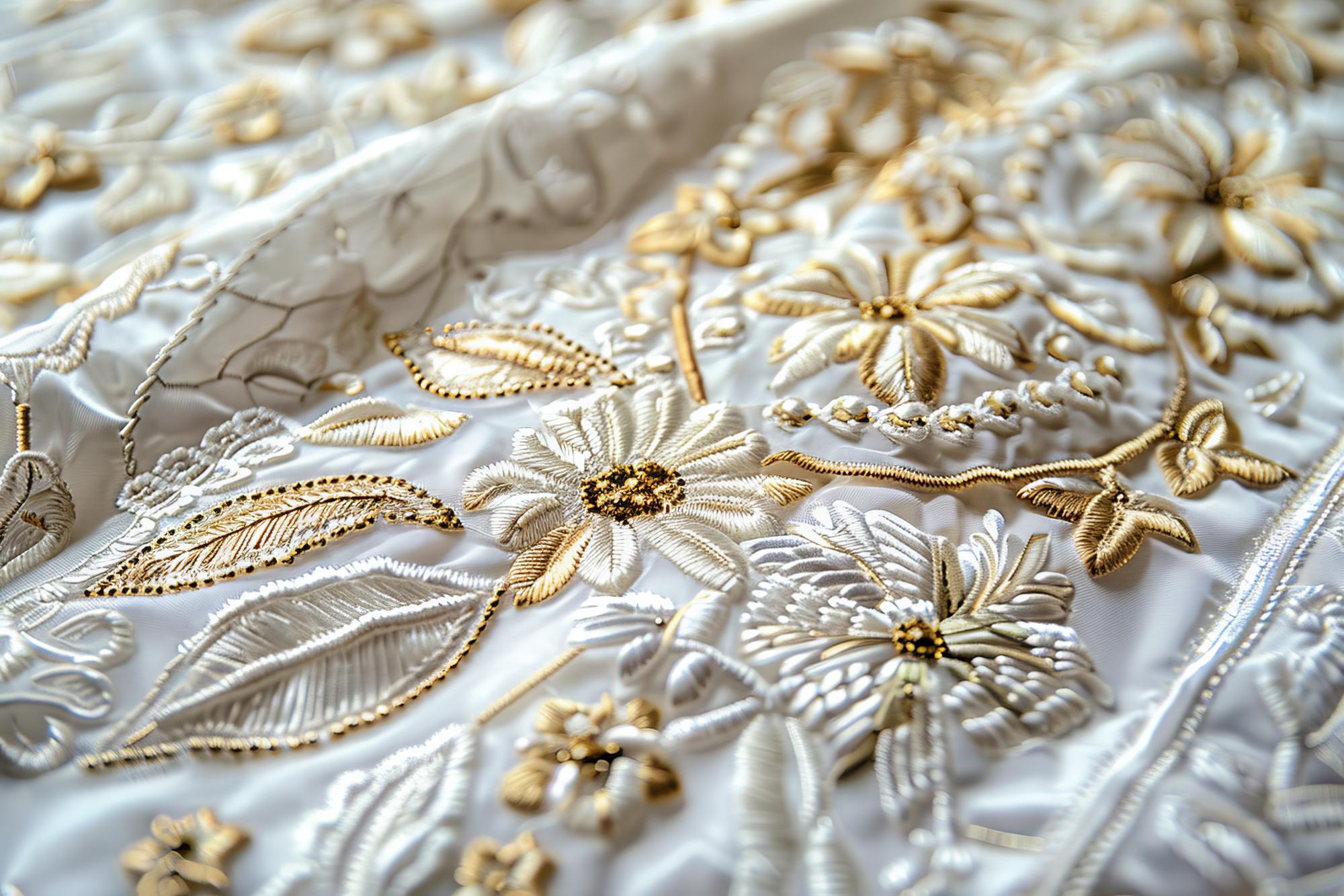 Gold thread floral panel on linen