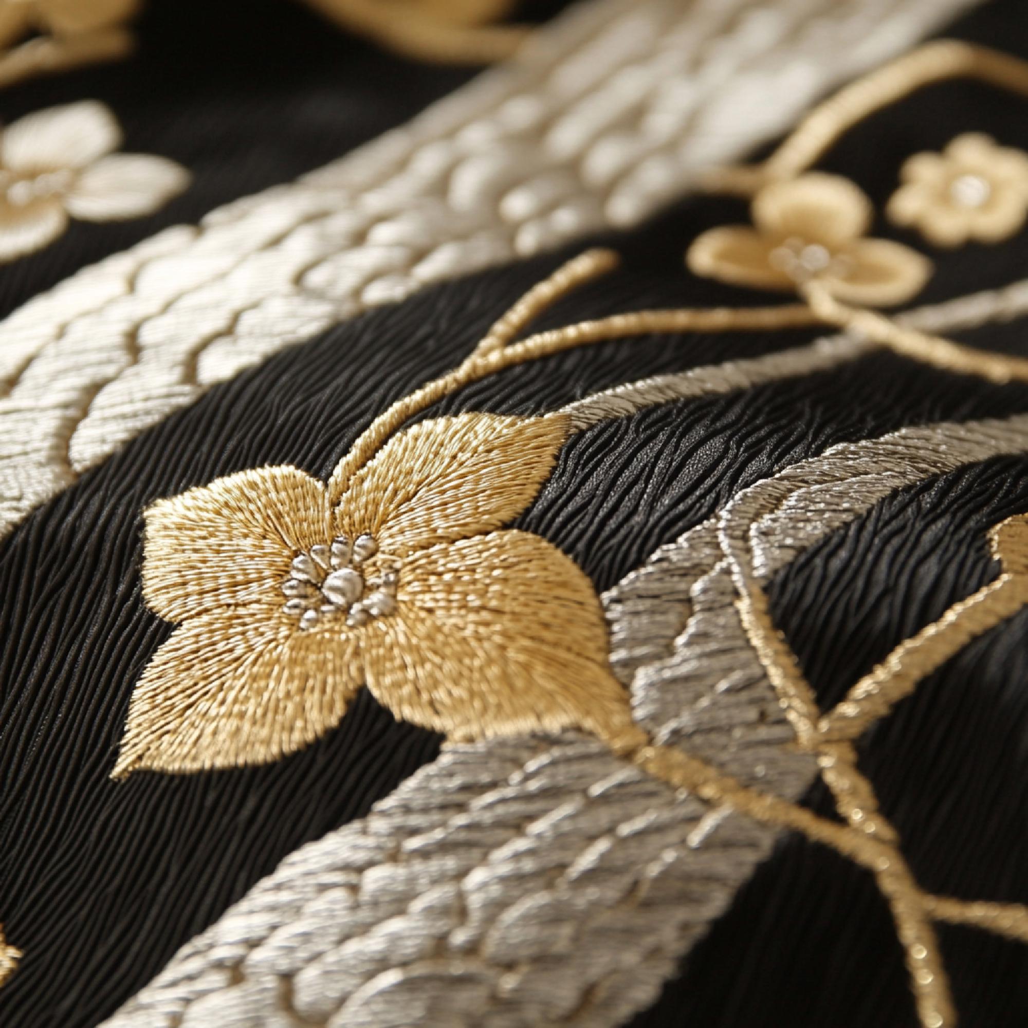 Close-up of luxurious hand embroidery on silk